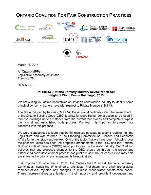Letter to MPPs about Height of Wood Frame Buildings Bill